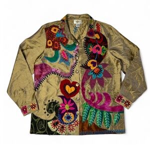 Sandy‎ Starkman Vintage Silk Gold & Multicolor Patchwork Blouse